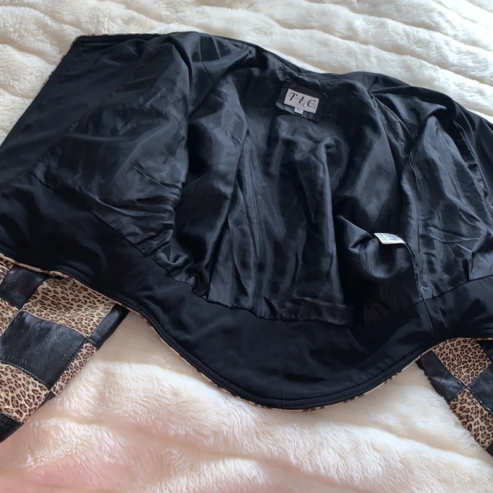 Vintage 80s leopard animal print checkered real suede leather wrap jacket L 🇨🇦 - Picture 14 of 15